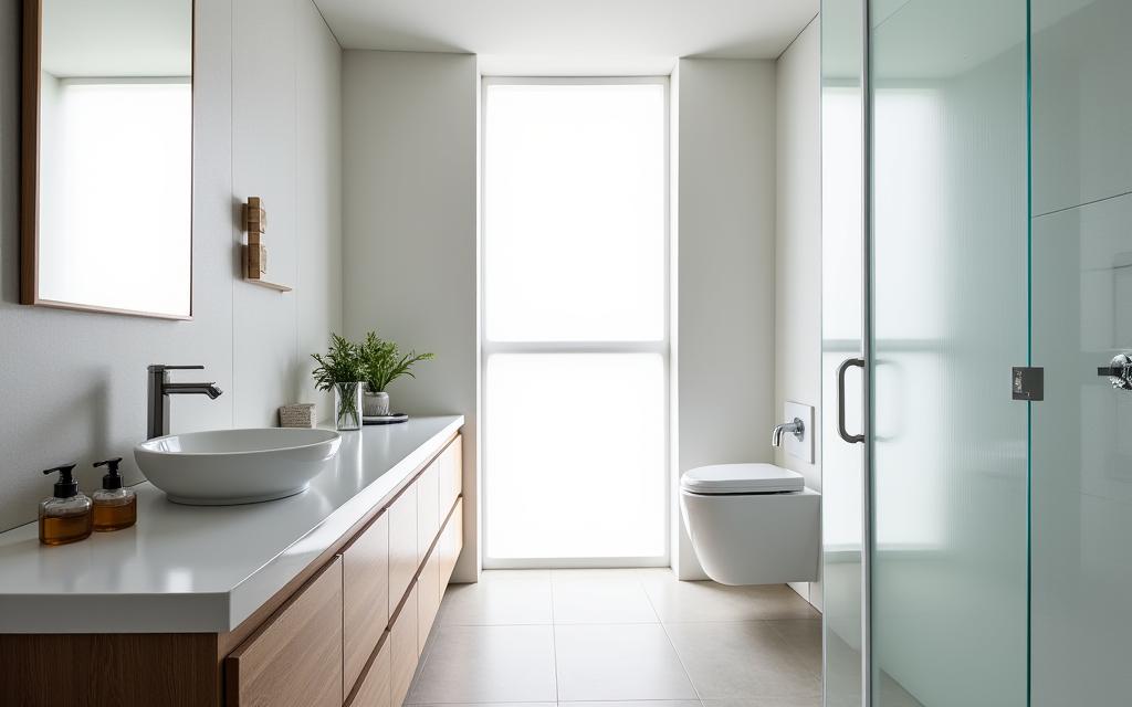 Modern minimalist ensuite in Richmond featuring AquaVista products